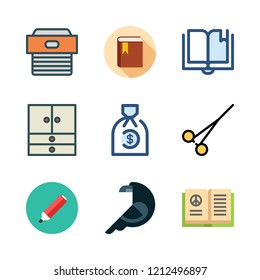 open icon set. vector set about box, closet, money bag and open book icons set.