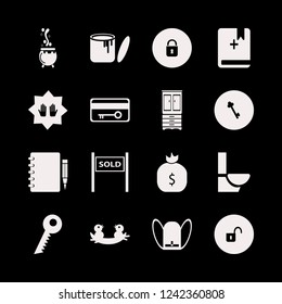 open icon. open vector icons set notebook pencil, key, caldron and sold house