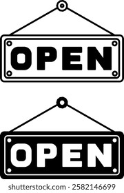 Open Icons. Black and White Vector Icons. Sign Designed for Attachment to Doors of Shops, Cafes, Offices. Restaurant Concept
