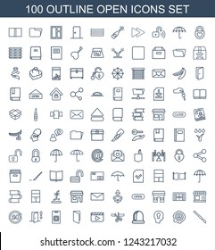 open icons. Set of 100 outline open icons included scalpel, arrow up, keyhole in head, opened door, scissors and ribbon on white background. Editable open icons for web, mobile and infographics.