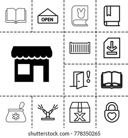 Open icons. set of 13 editable outline open icons such as store, question box, cargo box, heart lock, book, file, watering system, door warning, open plate
