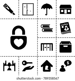 Open icons. set of 13 editable filled open icons such as sliding doors, umbrella, box, heart lock, magazine, lock home, key on hand, man thinking about money, window, book