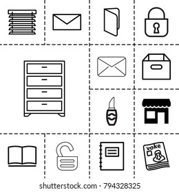 Open icons. set of 13 editable outline open icons such as store, mail, book, notepad, box, magazine, window shutter, lock, lipstick, wardrobe