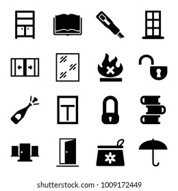 Open icons. set of 16 editable filled open icons such as door, make up bag, window, wardrobe, lock, book, opened champagne, umbrella, no fire, sliding doors, cutter