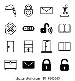 Open icons. set of 16 editable filled and outline open icons such as lock, opened lock, mail, close, chest, arrow up, no standing nearby, cupboard, hand with key, door