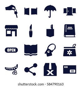 open icons set. Set of 16 open filled icons such as peas, umbrella, make up bag, lipstick, book, office room, share, home key tag, hand with key, open, gate, store, door