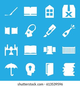 Open icons set. set of 16 open filled icons such as window, door, book, cutter, opened champagne, scalpel, cargo box, home key tag, gate, keyhole in head, box, question box