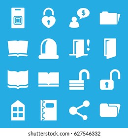 Open icons set. set of 16 open filled icons such as window, door, book, opened lock, heart lock, share, notebook, folder, door warning, man thinking about money