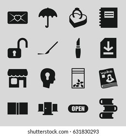 Open icons set. set of 16 open filled icons such as umbrella, lipstick, seed bag, scalpel, love letter, magazine, file, ring in box, shop, book, keyhole in head, door