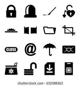 Open icons set. set of 16 open filled icons such as lock, make up bag, folder, opened lock, scalpel, love letter, heart lock, file, camera wheel, crop, close, gate, door bell