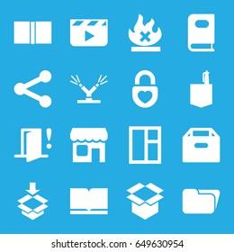 Open icons set. set of 16 open filled icons such as book, window, office room, box, no fire, heart lock, shop, watering system, door warning, clapper board, folder