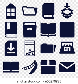 Open icons set. set of 16 open filled icons such as window, mail, book, folder, seed bag, peas, box, stop, file