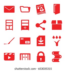 Open icons set. set of 16 open filled icons such as sliding doors, lock, door, wardrobe, folder, scalpel, magazine, share, file, cupboard, watering system, clapper board, book