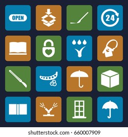 Open icons set. set of 16 open filled icons such as peas, door, scalpel, box, heart lock, book, home key tag, open, watering system, 24 hours