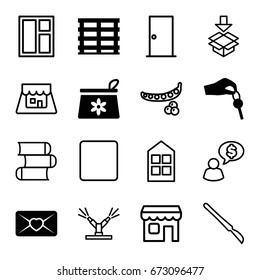 Open icons set. set of 16 open filled and outline icons such as make up bag, cargo box, love letter, hand with key, peas, door, window, box, scalpel, stop, shop