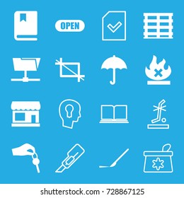 Open icons set. set of 16 open filled and outline icons such as store, scalpel, cargo box, no fire, crop, hand with key, open, book, make up bag, cutter, no standing nearby