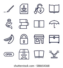 open icons set. Set of 16 open outline icons such as lock, chest, book, scalpel, peas, heart lock, ribbon on hand, file, umbrella, shop, open, watering system