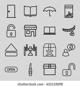 Open icons set. set of 16 open outline icons such as peas, opened lock, door, lipstick, book, seed bag, eject button, umbrella, shop, box, man thinking about money