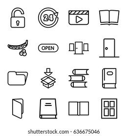 Open icons set. set of 16 open outline icons such as peas, opened lock, window, book, box, door, open, 24 hours, folder