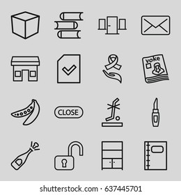 Open icons set. set of 16 open outline icons such as lipstick, book, peas, no standing nearby, magazine, ribbon on hand, notebook, file, cupboard, close, opened champagne, box