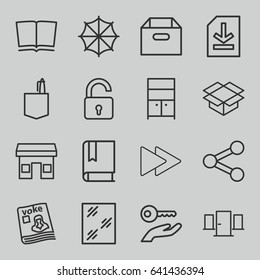 Open icons set. set of 16 open outline icons such as opened lock, window, wardrobe, office room, box, magazine, fast forward, file, umbrella, store, book, key on hand, door