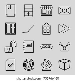 Open icons set. set of 16 open outline icons such as store, window, scalpel, no fire, love letter, fast forward, file, cupboard, close, watering system, book, box, notepad