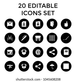 Open icons. set of 20 editable filled open icons such as store, office room, book, notepad, scalpel, box, share, at mail, file. best quality open elements in trendy style.