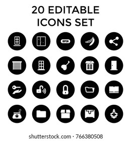 Open icons. set of 20 editable filled open icons such as door, folder, box, lock, book, peas, heart key, share, open, opened security lock, window shutter, key on hand, window