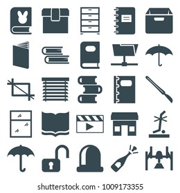 Open icons. set of 25 editable filled open icons such as book, umbrella, store, opened champagne, open lock, box, no standing nearby, scalpel, folder, opened door, notebook