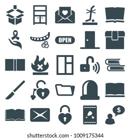 Open icons. set of 25 editable filled open icons such as peas, window, wardrobe, folder, book, no fire, no standing nearby, love letter, heart lock, ribbon on hand