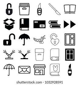 Open icons. set of 25 editable filled and outline open icons such as umbrella, window, parcel, open lock, box, book, watering system, love letter, store, lipstick, lock, peas