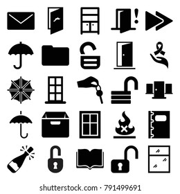 Open icons. set of 25 editable filled open icons such as door, window, wardrobe, opened lock, open lock, ribbon on hand, fast forward, mail, notebook, hand with key