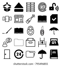 Open icons. set of 25 editable filled and outline open icons such as scalpel, eject button, file, book, shop, umbrella, opened security lock, 24 hours, store, door, box