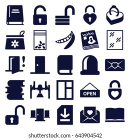 Open icons set. set of 25 open filled icons such as opened lock, make up bag, window, book, seed bag, peas, love letter, heart lock, magazine, file, ring in box, door
