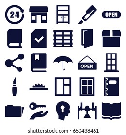 Open icons set. set of 25 open filled icons such as door, window, lipstick, wardrobe, book, cutter, cargo box, share, notebook, folder, file, camera wheel, umbrella, 24 hours