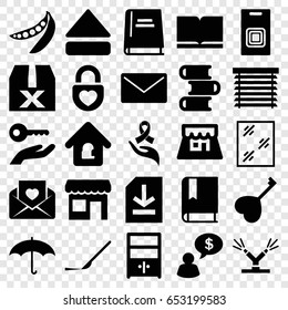 Open icons set. set of 25 open filled icons such as window, scalpel, peas, love letter, heart key, heart lock, ribbon on hand, eject button, file, cupboard, lock home, shop