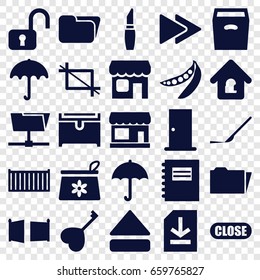Open icons set. set of 25 open filled icons such as umbrella, store, door, make up bag, lipstick, chest, scalpel, peas, cargo box, heart key, box, eject button, fast forward