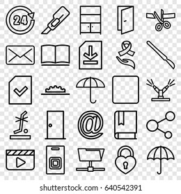 Open icons set. set of 25 open outline icons such as door, cutter, no standing nearby, heart lock, share, scalpel, ribbon on hand, stop, file, cupboard, book, camera wheel