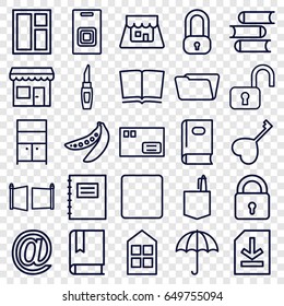 Open icons set. set of 25 open outline icons such as lock, window, book, lipstick, wardrobe, office room, folder, peas, heart key, stop, file, shop, gate, door bell, store