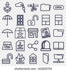 Open icons set. set of 25 open outline icons such as umbrella, door, window, wardrobe, opened lock, no fire, box, magazine, share, folder, file, cupboard, book, shop