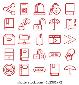 Open icons set. set of 25 open outline icons such as umbrella, book, office room, heart lock, fast forward, notebook, cupboard, home key tag, open, close, opened security lock
