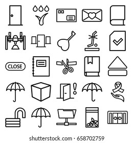 Open icons set. set of 25 open outline icons such as sliding doors, umbrella, door, opened lock, seed bag, no standing nearby, love letter, heart key, ribbon on hand