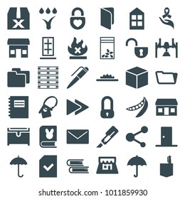 Open icons. set of 36 editable filled open icons such as window, chest, office room, folder, cutter, box, lock, store, book, notepad, umbrella, seed bag, peas, question box
