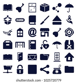 Open icons. set of 36 editable filled open icons such as sliding doors, window, box, folder, question box, arrow up, heart key, heart lock, ribbon on hand, stop, eject button