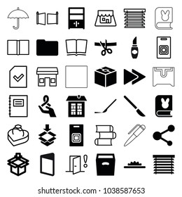 Open icons. set of 36 editable filled and outline open icons such as scalpel, box, share, fast forward, cupboard, camera wheel, window shutter, door bell, scissors and ribbon