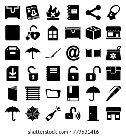 Open icons. set of 36 editable filled open icons such as store, opened lock, door, window, make up bag, chest, folder, umbrella, notepad, box, opened champagne, open lock