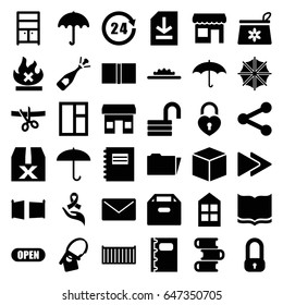 Open icons set. set of 36 open filled icons such as umbrella, window, make up bag, wardrobe, book, opened lock, opened champagne, cargo box, no fire, heart lock