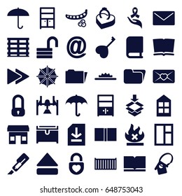 Open icons set. set of 36 open filled icons such as peas, window, wardrobe, chest, opened lock, cutter, cargo box, no fire, box, love letter, heart key, heart lock
