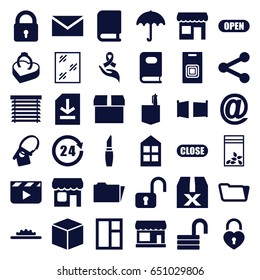 Open icons set. set of 36 open filled icons such as umbrella, store, lock, window, book, lipstick, mail, office room, folder, opened lock, seed bag, ribbon on hand, file