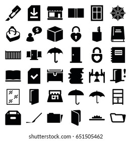 Open icons set. set of 36 open filled icons such as store, door, window, wardrobe, chest, book, office room, folder, cutter, scalpel, cargo box, heart lock, file, ring in box